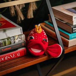 A plush red creature with large eyes and a bow on its head, sitting on a wooden shelf surrounded by books.