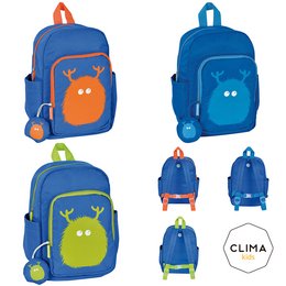Blue children's backpack with monster design, suitable for ages 2-4 years. Features include a main compartment, front pocket, and adjustable straps.