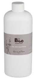 A white bottle labeled "Bio" containing a clear liquid makeup remover water. The product is suitable for the face.