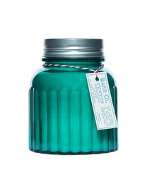 Tall, round, teal-colored apothecary jar candle with Spanish lime scent.