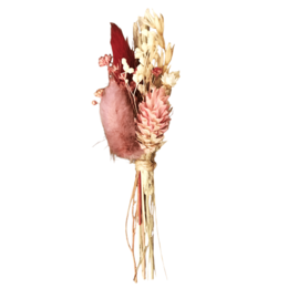  A bouquet of dried flowers featuring a mix of red, pink, and beige hues. The bouquet includes various dried floral elements such as pampas grass, dried wheat, and other natural materials, creating a rustic and earthy aesthetic.