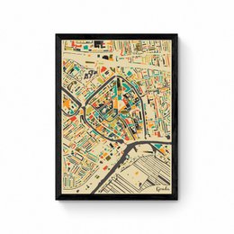  Colorful map poster depicting the mosaic city map of Gouda, a city in the Netherlands. The poster features a detailed illustration of the city's streets, buildings, and landmarks in a vibrant, artistic style.