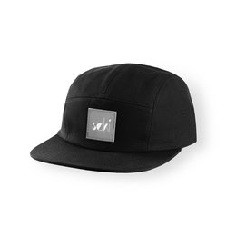 Black 5-panel cap with minimalist logo patch.