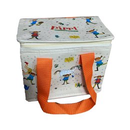  A gray insulated lunch bag with a Pippi Longstocking design, featuring colorful illustrations of the iconic character. The bag has orange handles and appears to be made of a durable, water-resistant material.