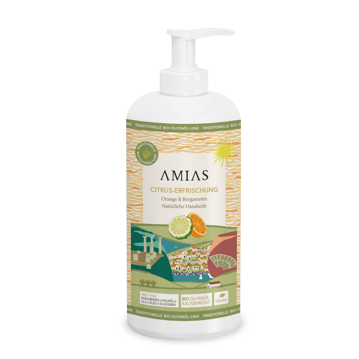 AMIAS Orange & Bergamotte Duschgel 500ml – Vegan, Palmölfrei Mit Bio Olivenöl, Für Trockene Haut