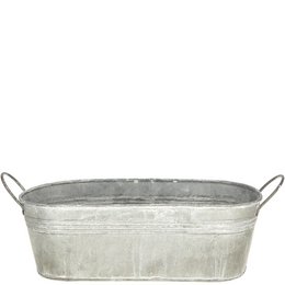  Oval metal plant pot in a galvanized finish, measuring 33cm long, 12cm wide, and 12.5cm high.