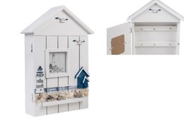  Wooden house-shaped key holder, 20x7x31cm in size, with storage compartments and decorative elements.