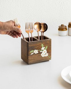 Mango Wood Cutlery Stand – Utensil Caddy – Hand-Painted Floral – 15x11.5x12.5cm