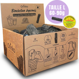  The product is a 2kg package of Japanese Binchotan charcoal, which is a type of water filter. The package includes a free display. The charcoal is available in size L. The product is suitable for water filtration.