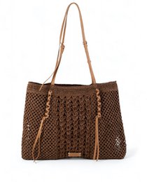  Woven straw shoulder bag with round shape and leather straps.
