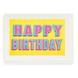 Colorful "Happy Birthday" greeting card with vibrant text on a yellow background.