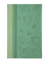 Green tea towel with kitchen utensil pattern. Soft, absorbent cotton material. Suitable for drying dishes, hands, or other kitchen tasks.