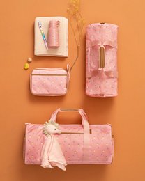  Large pink weekender bag with summer fruit pattern, includes matching accessories like a makeup bag and toiletry case.