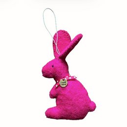  Fuchsia pink wool felt Easter bunny decoration, handmade in Nepal, with a hanging loop.