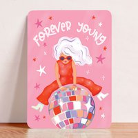 Card birthday congratulation woman with disco ball forever young funny pink postcard