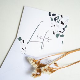  A double greeting card with the handwritten text "Life" and decorative splatter patterns in black, white, and gold.