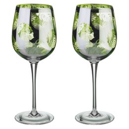 Set of 2 tropical leaves wine glasses with a clear glass body and green leaf patterns. The glasses have a tall, stemmed design suitable for serving wine.