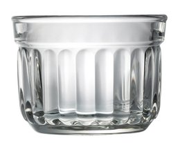  A clear, glass bowl with a ribbed design. The bowl appears to be made of high-quality, durable glass and is suitable for serving various food items.