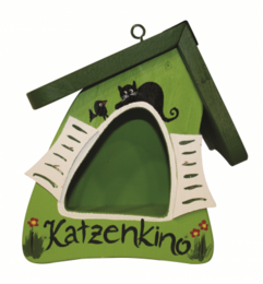  Green bird villa feeding house with cat cinema design, wooden birdhouse with cat silhouette