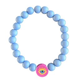 Children's bracelet with blue beads and a pink eye charm. Includes colors, materials, and style details.