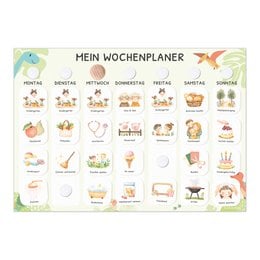 Weekly planner with 350 routine cards featuring a dinosaur motif. Wall calendar designed to help children establish a daily routine and provide a sense of security.
