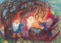 Colorful illustration depicting three gnome-like figures in a forest setting. The image features vibrant colors, textured brushstrokes, and a whimsical, fantastical atmosphere.