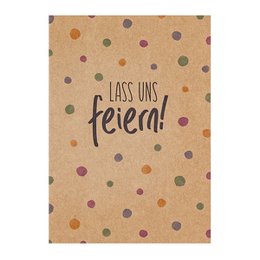  "Colorful polka dot greeting card with the text 'Lass uns feiern!' (Let's celebrate!) in a handwritten style font. The card is made of kraft paper material and has a simple, minimalist design."