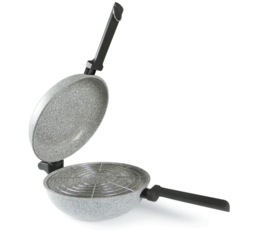 A large, round, gray cooking pan with a black handle. The pan has a durable, non-stick coating and is suitable for induction cooktops.