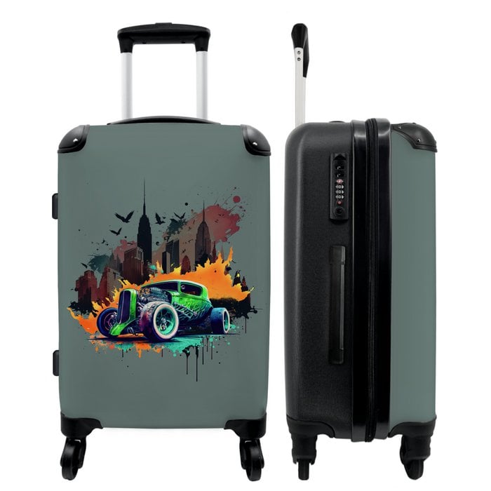 NoBoringSuitcases.com® Kuffert - Bil - New - Graffiti - Grøn - med TSA-lås - Med hjul - 90 liter - - 66 cm Online Engroshandel | Orderchamp