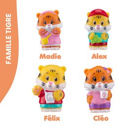  Colorful tiger-themed playset with four characters - Madie, Alex, Felix, and Cleo. The playset features bright colors, playful designs, and appears to be intended for young children.