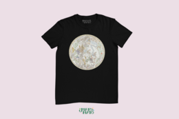 A black or white t-shirt featuring a vintage-style celestial sphere artwork design, suitable for kids.