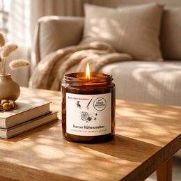 Fragrant candle in a glass jar with a rustic, natural design. The candle is labeled "Harzer hut magic" and is categorized as a scented candle.