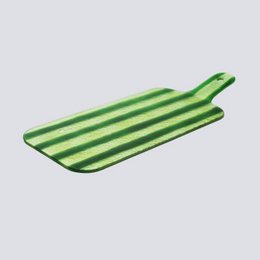  Green and white striped rectangular serving platter made of ceramic material.