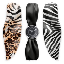 Stylish animal print watch with interchangeable straps in leopard and zebra patterns. Sleek black dial with silver-tone accents. Versatile accessory for casual or dressy looks.
