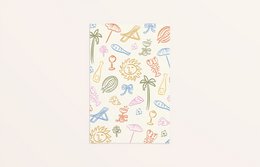  Colorful birthday card with various illustrated icons and symbols, including palm trees, seashells, and other beach-themed elements.