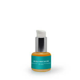 Organic face serum "Huile Precieuse" in a 15ml bottle. The serum is made with natural, high-quality ingredients and is suitable for all skin types.