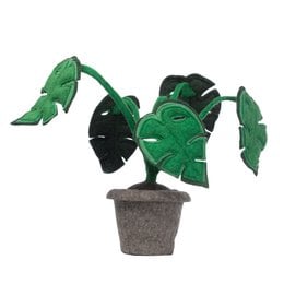 A decorative felt plant in the shape of a monstera leaf, featuring large green leaves in a potted base.