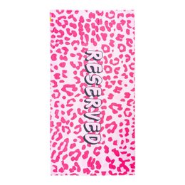 A large, pink and white leopard print beach towel with the word "Reserved" printed in the center.