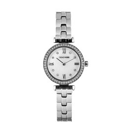 Silver-toned stainless steel watch with a round face, Roman numeral hour markers, and a diamond-encrusted bezel. The watch has a sleek, elegant design and is suitable for both casual and formal wear.