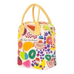 A colorful, patterned lunch bag with a zipper closure and handles. The bag features a vibrant design with various shapes, fruits, and other playful elements, making it suitable for kids.