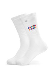 White crew socks with "Hakuna Matata" text and colorful zigzag pattern.