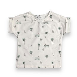 A white t-shirt with a palm tree print, suitable for a baby or young child. The shirt has a relaxed, casual style and is made from a soft, breathable fabric.