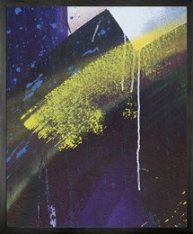 Framed printed canvas wall art featuring a vibrant abstract landscape with a dark silhouette, lush greenery, and a starry night sky.