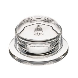 A round, glass serving bowl with a lid featuring a bee design. The bowl is made of clear glass and has a silver-colored metal lid with a bee emblem in the center.