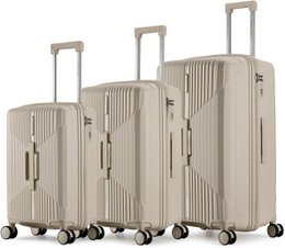 Taupe rigid polypropylene suitcase set, three-piece luggage with wheels, durable travel bags.