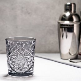 Set of 6 Hobstar Grey 355 ml longdrink glasses with intricate star-shaped pattern etched into the glass.
