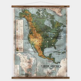 A vintage map of North America, featuring detailed geographical information and political boundaries. The map is displayed on a wooden frame, creating a classic wall art piece.