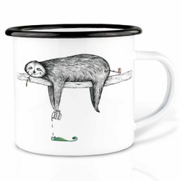 Enamel mug featuring a sloth design, available in 300 ml and 500 ml sizes.