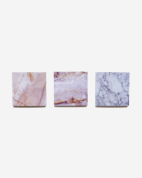A set of gemstone-themed sticky notes in various shapes and colors, including pink, purple, and white marble patterns.