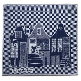 "Tea towel featuring a charming illustration of houses on a canal, with the text 'Fiep Westendorp | Pim&Pom on the canal'. The towel is made of cotton and has a checkered border design."